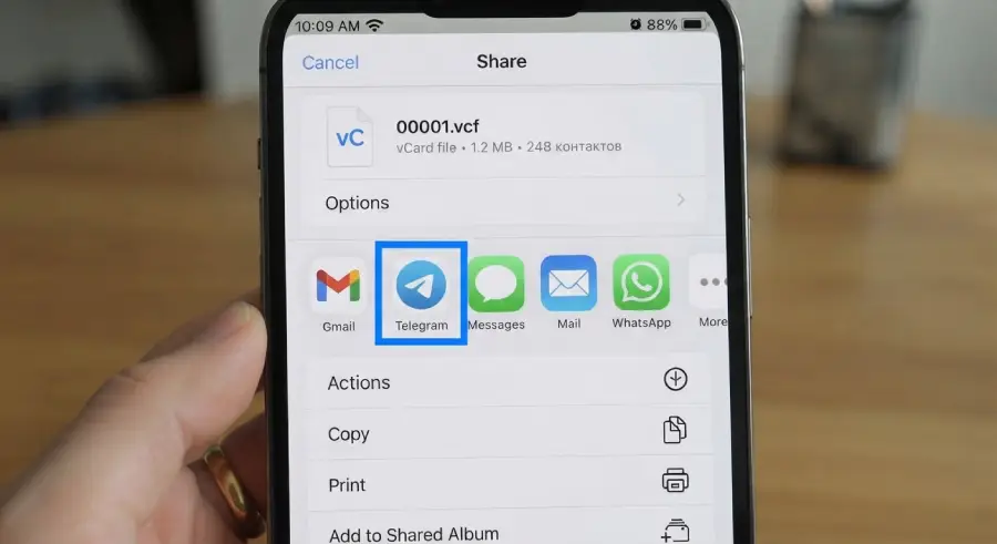 Как отправить файл контактов vcf через Telegram или почту на новый телефон